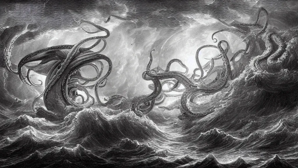 Image similar to drawing of a giant octopus attacking a space ship above a stormy ocean, by gustave dore, nineteenth century, black and white, vintage, science fiction, epic composition, dramatic lighting, highly detailed