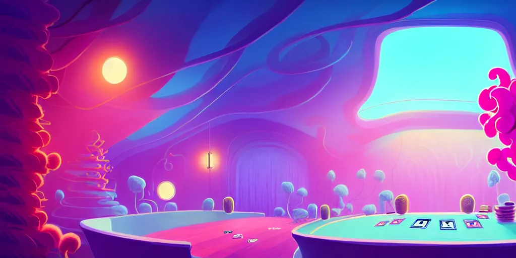 Image similar to minimalistic extreme wide angle curved perspective digital art of sss chubby cotton candy indoor casino with curly plants by anton fadeev, lorax movie, underwater smoke