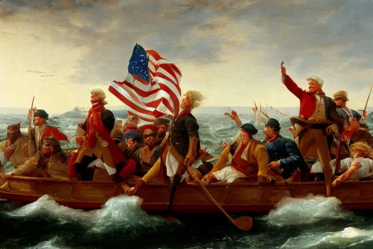 Prompt: Donald Trump crossing the delaware there is an arbys sign in the background by Emanuel Leutze