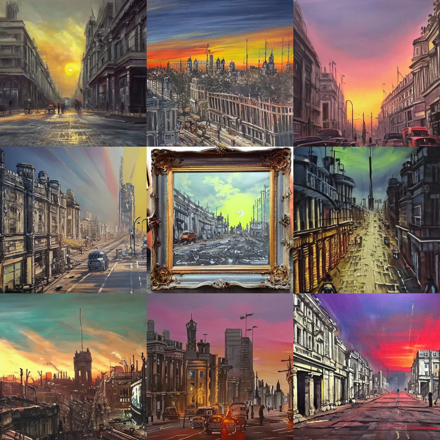 Prompt: decrepit regent street in the foreground, a post apocalyptic london cityscape after a nuclear war, beautiful radioactive sunset lighting, beautiful painting, fallout, paint