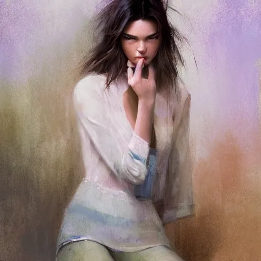 Prompt: fashion model kendall jenner by Gerry Chapelski by Richard Schmid by Jeremy Lipking by moebius by atey ghailan