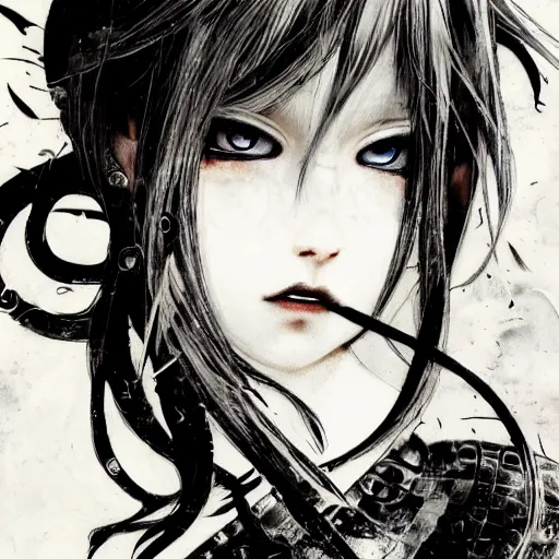 Image similar to Yoshitaka Amano blurred and dreamy illustration of an anime girl with a pirate eye patch, wavy white hair and cracks on her face wearing elden ring armour with the cape fluttering in the wind, abstract black and white patterns on the background, noisy film grain effect, highly detailed, Renaissance oil painting, weird portrait angle