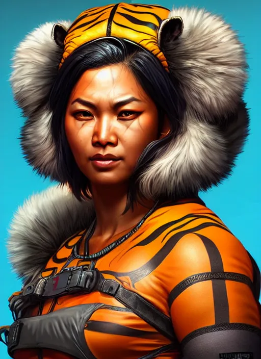 Image similar to The Tiger Queen as an Apex Legends character digital illustration portrait design by, Mark Brooks detailed, soft lighting