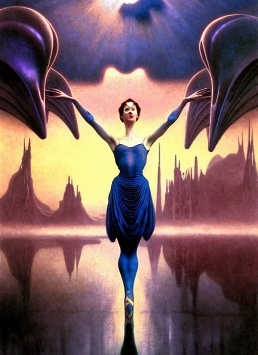 Image similar to realistic detailed portrait movie shot of a prima ballerina wearing a dark robes, sci fi city landscape background by denis villeneuve, amano, yves tanguy, alphonse mucha, ernst haeckel, max ernst, roger dean, masterpiece, rich moody colours, dog teeth, blue eyes, sunset