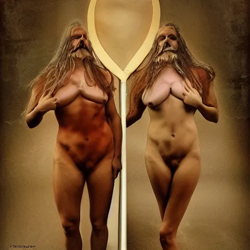 Image similar to the blasphemous caricature of the male and female body, hyperealistic detailed photography, divinity, awful, religious art