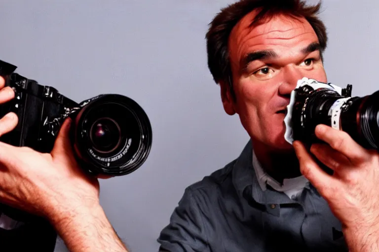 Prompt: high quality photo of aQuentin tarantino holding a 16 mm camera