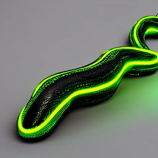 Prompt: an illustration of a green and black neon mechanical snake, octane render, 3D