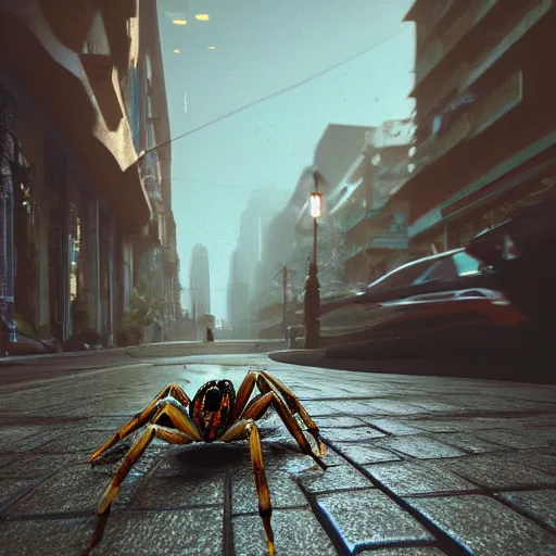 Image similar to a beautiful high - quality photo of a large spider walking through a solarpunk city, roads, pavements, trees, volumetric lighting, hyperrealistic, 8 k