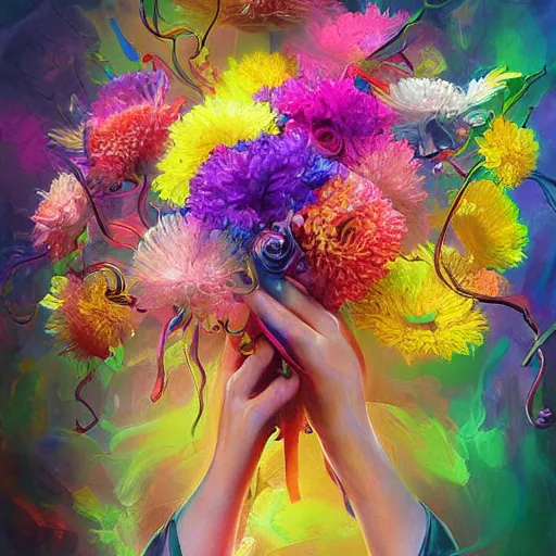 Image similar to a bouquet of ethereal big colorful transparent entangled flowers, direct sunlight, glowing, vivid, detailed painting, soft Houdini algorhitmic pattern, by Ross Tran, WLOP, artgerm and James Jean, masterpiece, award winning painting