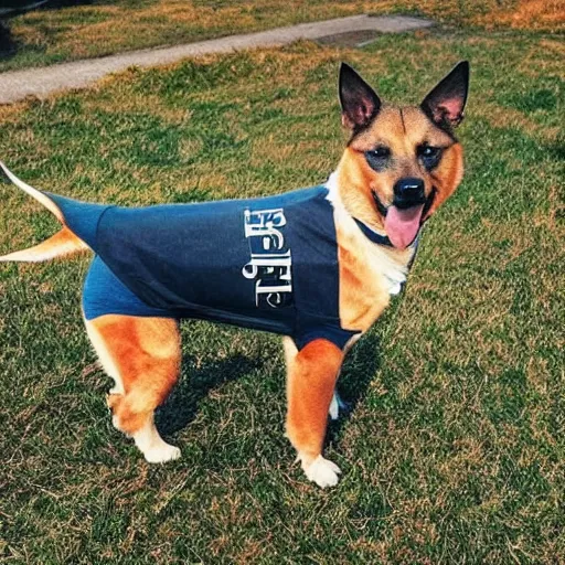 Prompt: a bandshirt that says the word bitbetter, worn by a dog