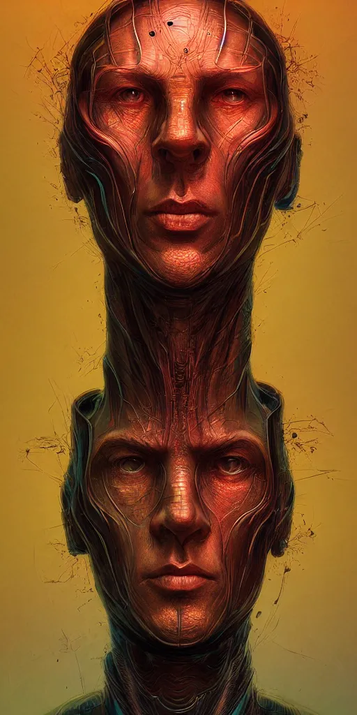 Image similar to scifi character portrait of man in the style of android jones and zdzislaw beksinski, 1 / 4 headshot.