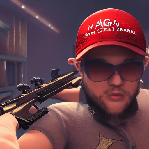 Prompt: dragon with a maga hat and a rifle 4 k ultra detailed realistic ray traced unreal engine