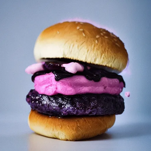 Image similar to a dramatic photo of a cotton candy burger. moody, melanchony.