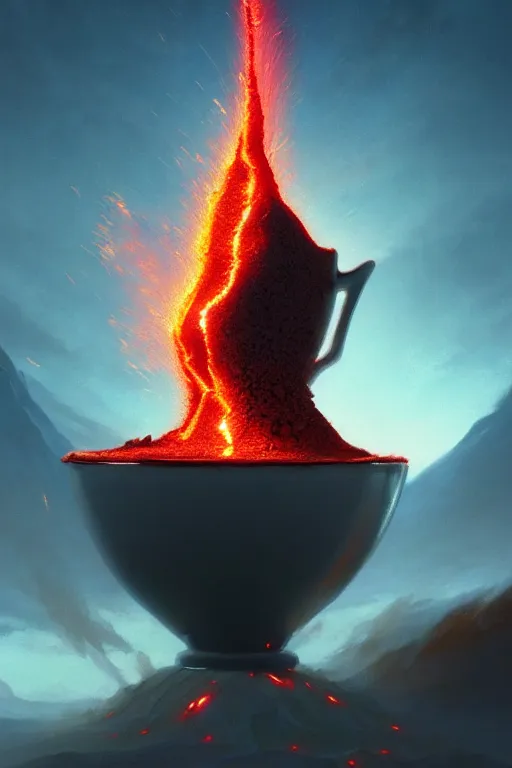 Image similar to coffee cup with volcano erupting inside the whipped cream on top of the cup, stephen bliss, unreal engine, fantasy art by greg rutkowski, rhads, ferdinand knab, makoto shinkai and lois van baarle, ilya kuvshinov, rossdraws, tom bagshaw, global illumination, radiant light, red blue theme, pine forest