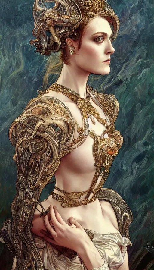 Prompt: a oil painting of a evan rachel wood queen, cute, fantasy, intricate, elegant, highly detailed, centered, digital painting, artstation, concept art, smooth, sharp focus, illustration, art by artgerm and h r giger and alphonse mucha