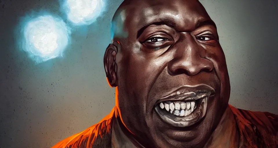 Image similar to angry zombie portrait of michael clarke duncan, an urban background szene, grimdark horror, stylized digital illustration, radiating a glowing aura, global illumination, ray tracing, hdr, fanart arstation by ian pesty and katarzyna bek - chmiel