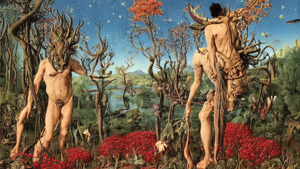 Prompt: a photograph of a meditating centaur shaman mutating into a savage fanged beast. surrounded by bulbous flowers and a few trees. river delta with mountains under a blue sky full of burning stars and birds. painted by jan van eyck, max ernst, ernst haeckel, ernst fuchs and artgerm. trending on artstation, fashion editorial