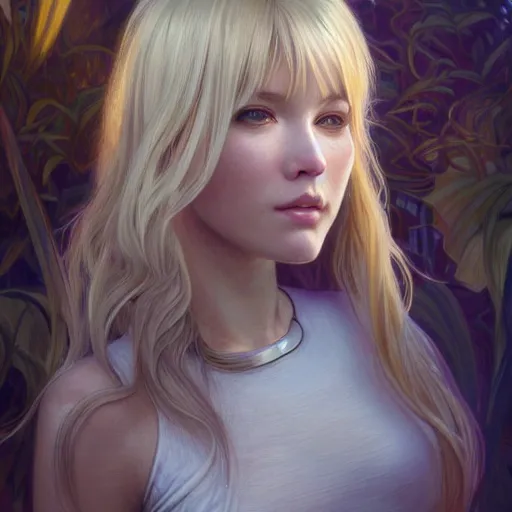 Image similar to A young woman with blonde long hair and bangs in shorts and white shirt drawn by Donato Giancola and Artgerm, Light by Julie Bell, design by alphonse mucha, background by James Jean and gustav klimt and John Marshall Gamble, 4k, volumetric lighting, french nouveau, trending on artstation, octane render, hyperrealistic