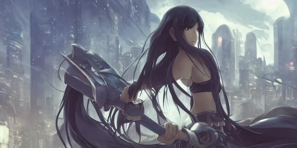 Image similar to girl with long black hair and a long black sword in front of a sci fi cityscape, ryohei fuke, makoto shinkai, detailed, cinematic, ultra - wide angle, dark sepia toned shading, luminescent eyes, blue fire.