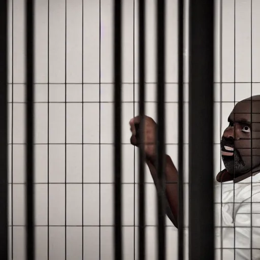 Image similar to A photograph of the viewer looking at Steve Harvey who is behind metal bars in Jail