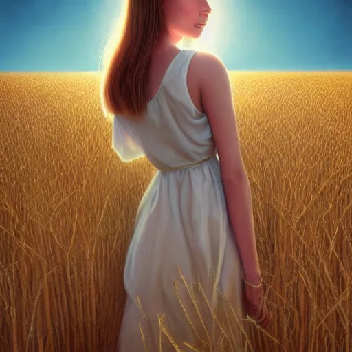 Image similar to close-up shot, a beautiful painting of a girl in a airy semi-transparent thin light dress standing in the glowing wheat fields, mystical setting, afternoon sun, long shadows, photo from the back, by Mark Ryden, artgerm, Bekzinski, WLOP, Felix Kelly and Ross Tran, trending on artstation