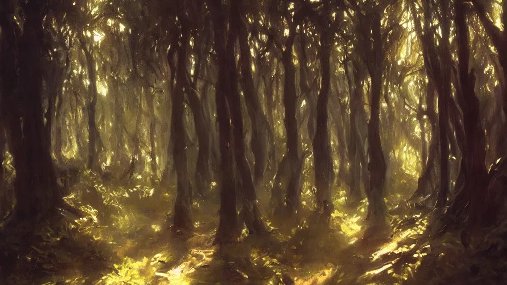 Image similar to A John Singer Sargent oil painting of a hauntingly beautiful elven forest in the morning; rays of light coming through the canopy; trending on artstation; extraordinary masterpiece!!!!!!; 8k