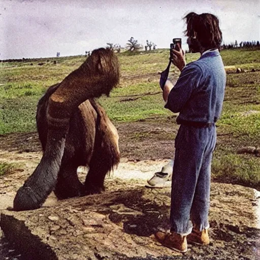 Image similar to “in the prehistory color photo of a real Neanderthal man taking an iPhone photo of his wife on a dead mammoth , National Geographic , anthropology photo”