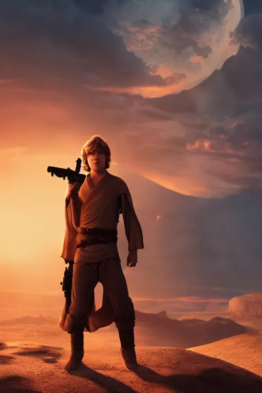 Image similar to young luke skywalker in a heroic action pose against a tattooine sunset, close up, dramatic lighting, octane render