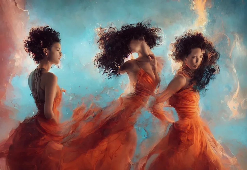 Image similar to full body portrait of a duo of 1 9 years old girl figures, curly messy high bun hairstyle, oriental tattoos, jewelry, subject wearing a high fashion gown, flowing, beautiful, dramatic, cinematic lighting, orange, taupe, fire red, few vivid turquoise highlights, by ross tran and jeremy mann, artstation, pixiv, oil on canvas