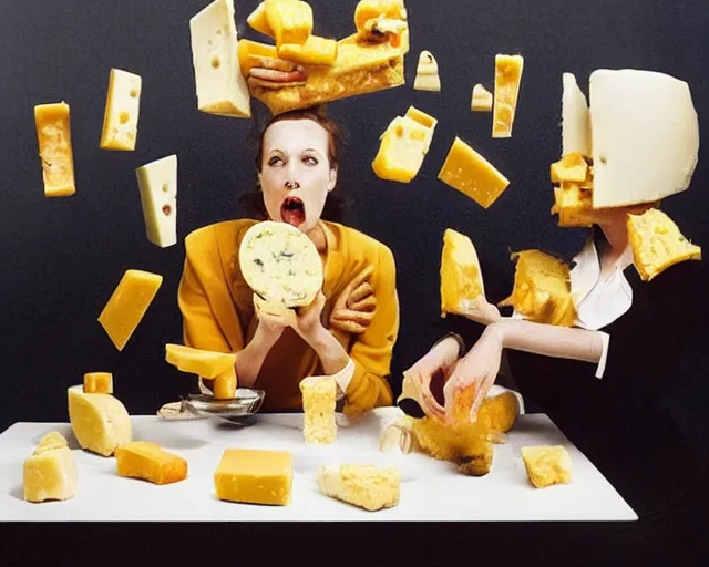 Image similar to incredible strange absurd artwork of androids tasting cheese, finding it very weird, weird tasting ritual of cheese products in the style of tim walker fashion photography