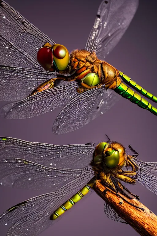 Image similar to a macro photo of a dragonfly, dynamic pose, close - up, intricate details, intricately detailed wings and compound eyes, intricate textures, warm lighting, vivid colors, smoke and mist, realistic octane render, hyper realistic render, volumetric shading, depth of field, raytracing, 8 k,