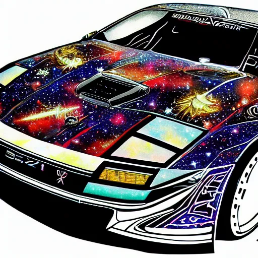 Image similar to futuristic Nissan 300zx, outer space backdrop, exquisitely painted, intricate detail, science and magic,