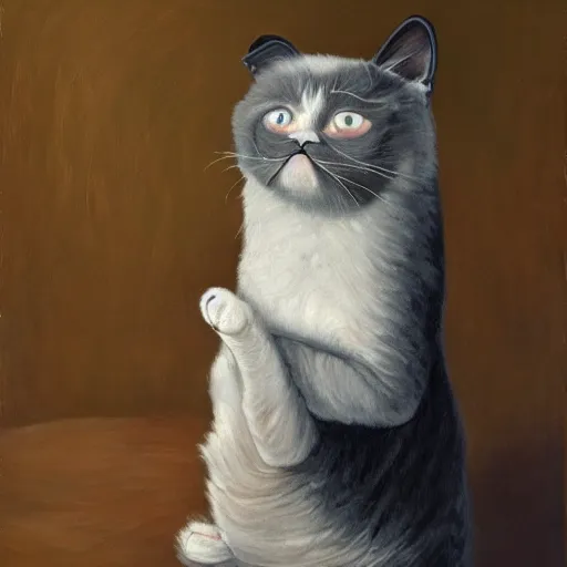 Image similar to grumpy cats emotional state is apparently the only constant in this world, deep emotional resignation of a programmer, oil on canvas 2022