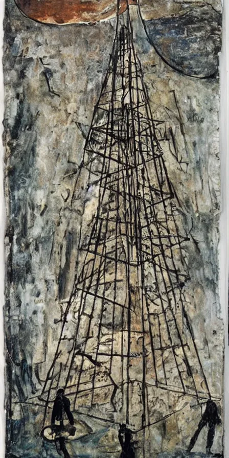 Prompt: The Tower tarot card illustrated by Anselm Kiefer on a slab of metal with rounded edges, standing upright on a cement table