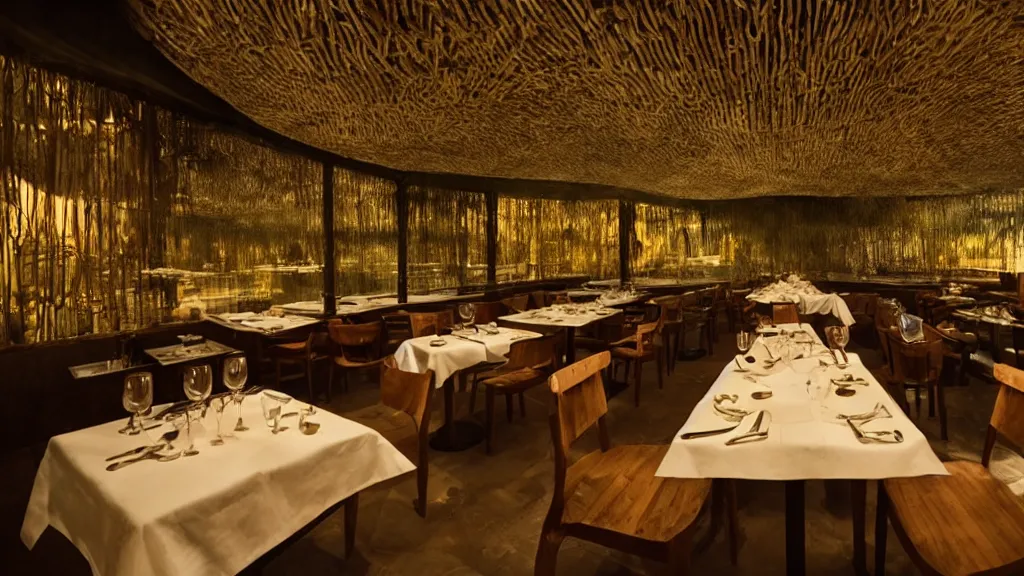 Image similar to restaurant, made of water, film still from the movie directed by Denis Villeneuve with art direction by Salvador Dalí, wide lens