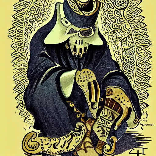 Prompt: skullfaced mexican vaquero kneeling for prayer, calligraphy, mosque dome shape, persian folklore illustration