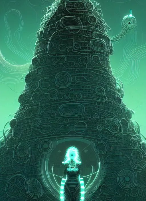 Image similar to highly detailed portrait of a biopunk long curly white hair tribal lady, stray wiring by atey ghailan, james gilleard, by joe fenton, by greg rutkowski, by greg tocchini, by kaethe butcher, 4 k resolution, gradient green, black and white color scheme!!! ( ( irradiated robotic pyramid landscape background ) )