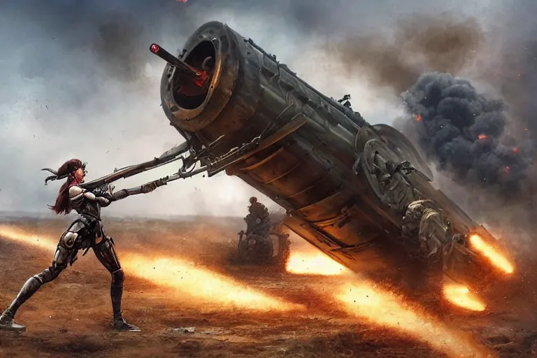 Prompt: an epic view of a cyborg woman tipping over a wwi tank, on a battlefield, smoke, fires, distant explosions, in the style of masamune shirow, cinematic, hyper - realistic, highly detailed digital art