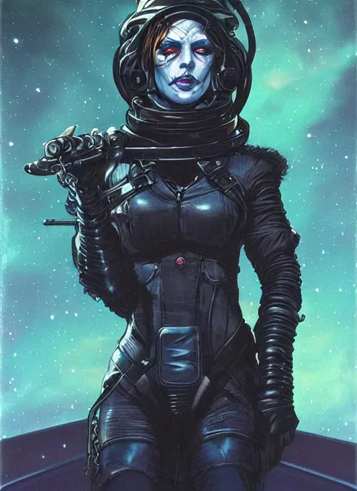 Image similar to portrait of female space pirate, night sky background, beautiful! coherent! by brom, deep color, strong line, high contrast