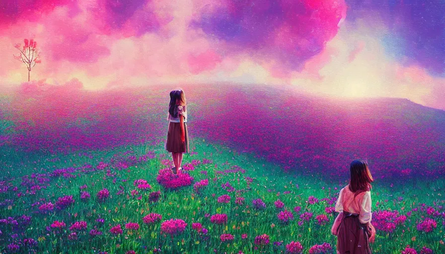 Image similar to girl with a giant flower face, surreal photography, dream, standing in flower field, hills, big trees, sunrise dramatic light, impressionist painting, colorful clouds, digital painting, pointillism, artstation, simon stalenhag, flower face