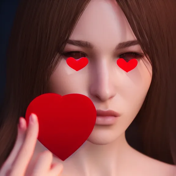 Image similar to close up woman blowing the red heart emoji from her hand, trending on artstation, concept art, high detail, sharp, unreal engine