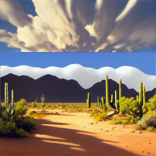 Prompt: “a gray and white striped cat in the desert in Albuquerque New Mexico, desert mesas and cumulonimbus clouds in the background at sunset, saguaro cacti, realistic oil painting by mark maggiori, Norman Rockwell, Salvador Dali, Joel Rea”