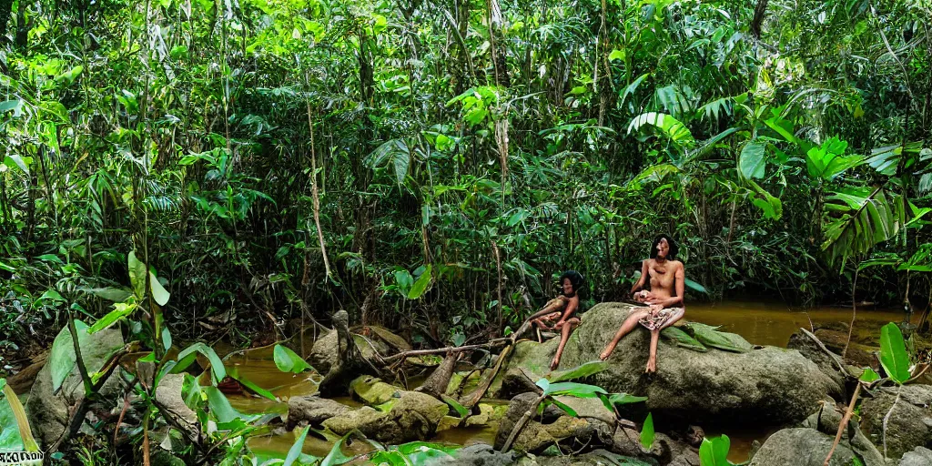 Image similar to yautja in sri lankan jungle, next to a river, extremely high fidelity