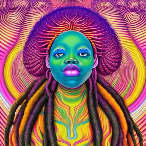Image similar to a regal bbw african queen with colorful dreadlocks sitting in a cabana near a pink river with a large glowing baobab tree in the center, by amanda sage and alex grey and evgeni gordiets in a surreal psychedelic style, symmetrical, detailed eyes, oil on canvas 8k, hd