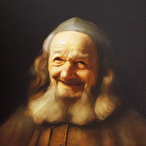 Prompt: high quality oil painting portrait of old smiling cleric by Rembrandt and Raymond Swanland, dark background, high fantasy, perfect lighting