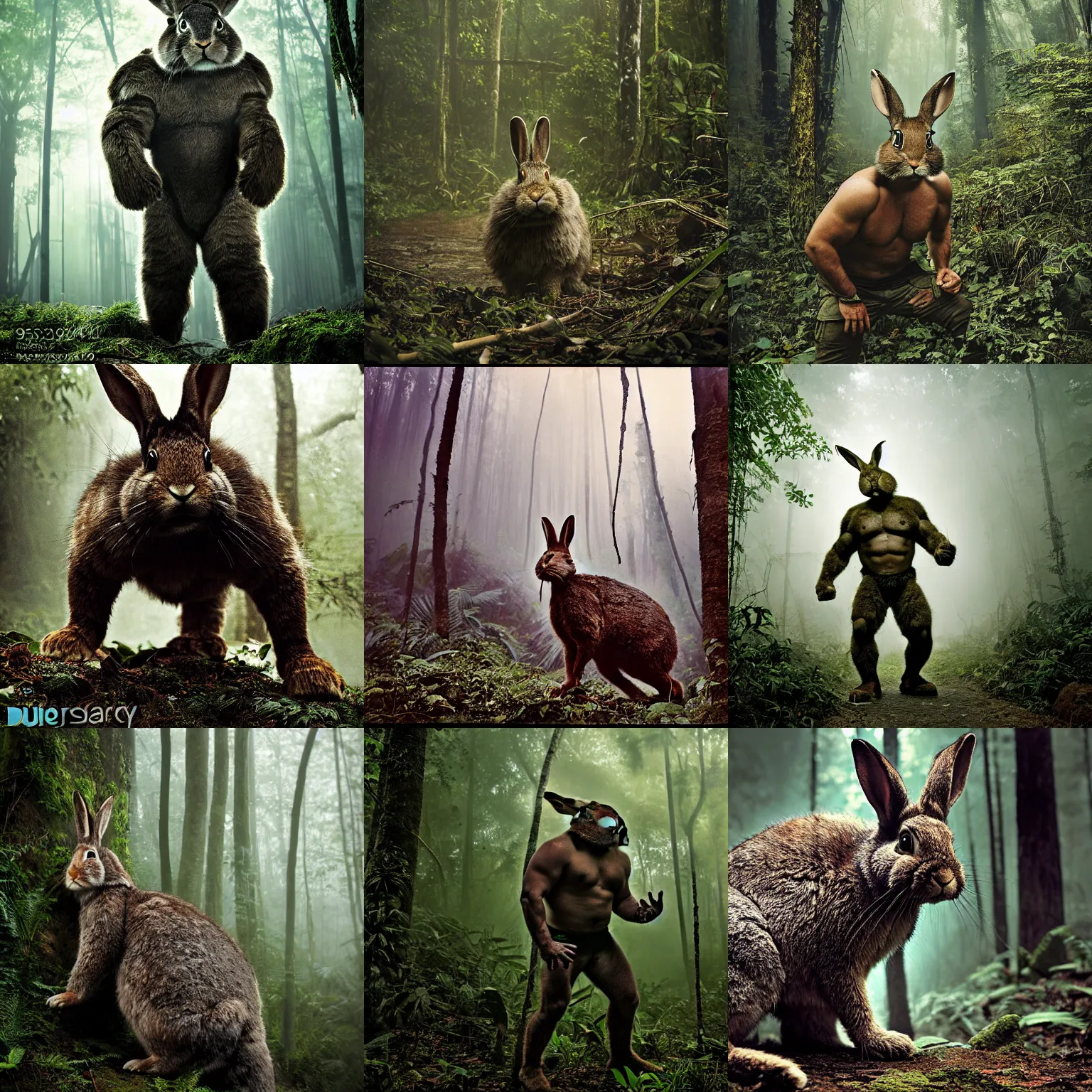 Prompt: photograph by discovery channel! full shot!!!!! swat armored hulked oversized barbarian rugged rabbit!!!, fog, in deep jungle forest jungle, overcast!!! cinematic focus, polaroid photo, vintage, neutral colors, soft lights, overcast, foggy, full shot by steve hanks, by serov valentin, by lisa yuskavage, by andrei tarkovsky
