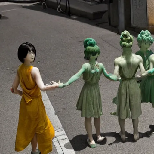 Image similar to everyone on the streets of japan suddenly turned into stone statues, the situation was eerie and silent dr. stone film footage, with green light effect from above