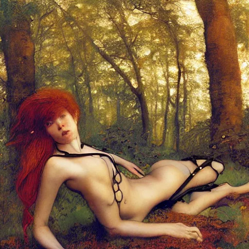 Prompt: beautiful female cyborg with auburn hair, lounging in the Marian forest at dusk, by Edgar Maxence and Ross Tran and Michael Whelan and Gustav Klimpt