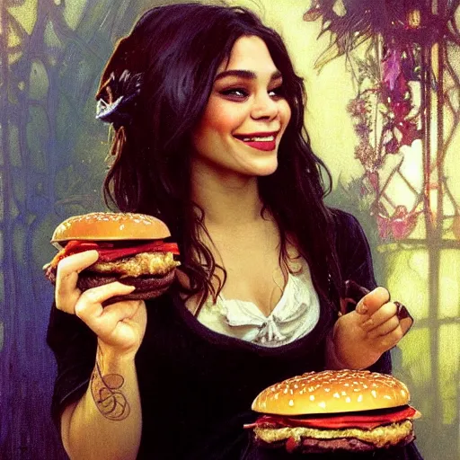 Prompt: beautiful portrait of vanessa hudgens eating a big mac hamburger, smiling, by cedric peyravernay, alphonse mucha, by jeremy mann, by lecouffe deharme, goth chic, soft lightning, eyeliner, punk rock, high detailed, 8 k