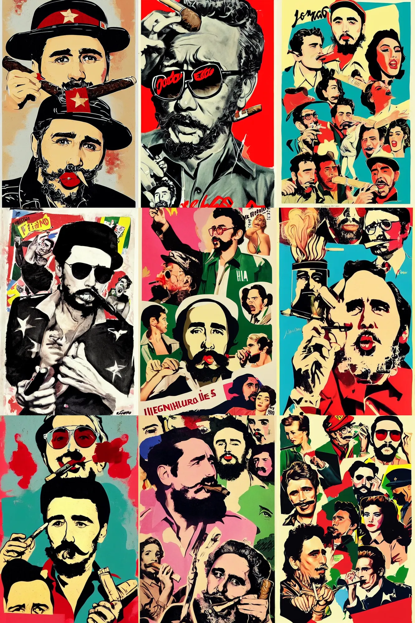 Prompt: james franco as the cuban dictator fidel castro smoking a large cigar, surrounded by voluptuous babes. pop art aesthetic, andy warhol, mad magazine aesthetic, tom richmond illustration, mort drucker illustration
